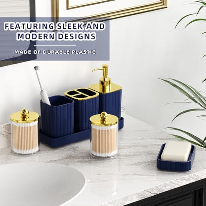 XLHOMO Bathroom Accessory Set - Gorgeous Bathroom Set, 7PC Blue Bathroom Set, Soap Dispenser, Toothbrush Holder, Qtip Holder Set, Bathroom Sets Complete, Bathroom Sink Set for Home Decor - style: Navy Blue&Gold