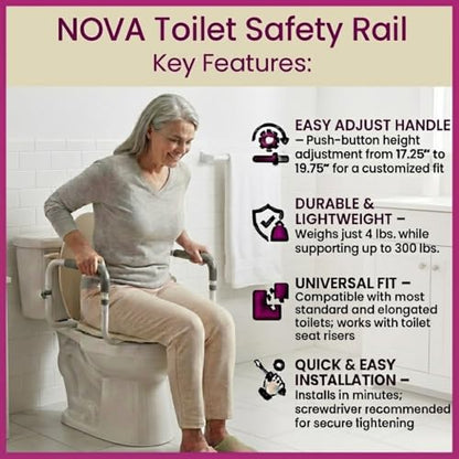 NOVA Toilet Safety Hand Rails – Adjustable Padded Armrests, Removable Aluminum Toilet Support Handles for Seniors & Mobility Assistance, Fits Standard & Elongated Toilets, 300 lb Capacity