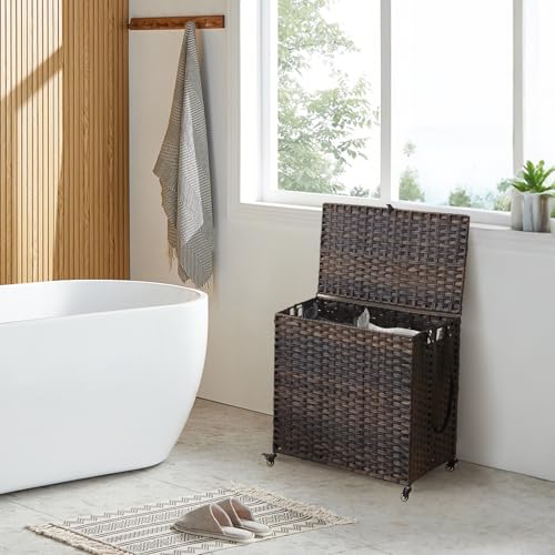 Laundry Hamper with Wheels, 39.6 Gallon(150L) Rolling Laundry Basket with Lid, Removable Large 2 Color Liners & 3 Mesh Laundry Bags, Clothes Hamper with Side Pocket, Brown - color: Brown, size: 23.62"L x 15.75"W x 25.6"H