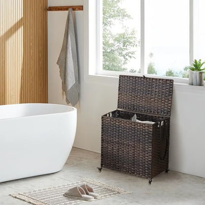 Laundry Hamper with Wheels, 39.6 Gallon(150L) Rolling Laundry Basket with Lid, Removable Large 2 Color Liners & 3 Mesh Laundry Bags, Clothes Hamper with Side Pocket, Brown - color: Brown, size: 23.62"L x 15.75"W x 25.6"H