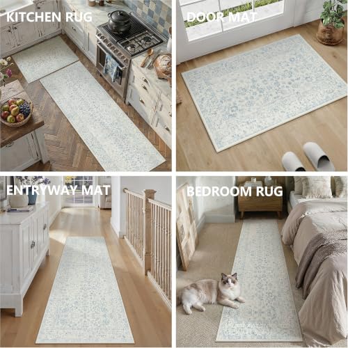 2'x3'+2'x4'+2'x5' Blue 2-Piece Kitchen Rug Set with Runner | Floral, Soft, Kitchen, Hallway, Entryway - color: Blue, size: 2' x 5' (Rug Set)