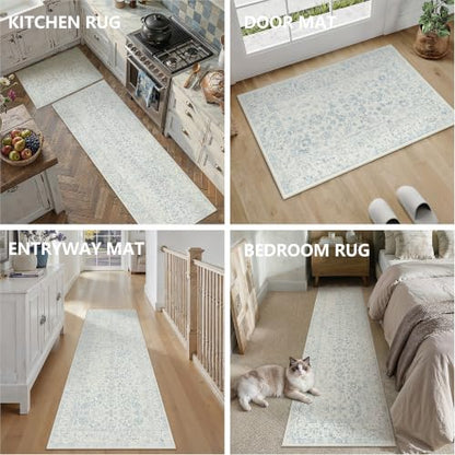 2'x3'+2'6''x8' Blue 2-Piece Kitchen Rug Set with Runner | Floral, Soft, Entryway, Hallway, Bathroom - color: Blue, size: 2' x 8' (Rug Set)