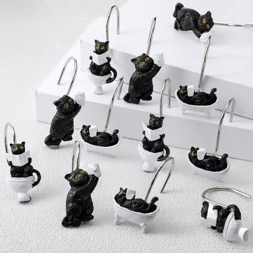 Roowest 12 Pcs Black Cat Shower Curtain Hooks Western Shower Curtain Hooks Stainless Steel Rust Resistant Rings Hangers for Winter Farmhouse Rustic Bathroom Decor - style: Black Cat