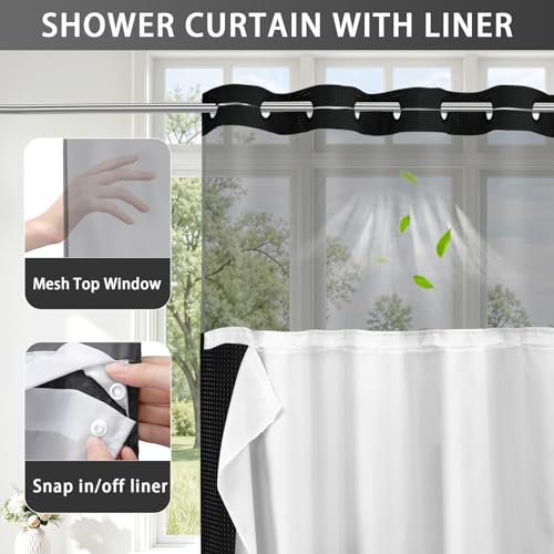 No Hook Shower Curtain with Liner Set Hotel Waffle Curtain Black 48W X 75L | Washable Snap in Fabric Liner, Mesh Top Window, Waffle Hotel Style Shower Curtain Set - color: Black, size: Small Stall 48"W x 75"L