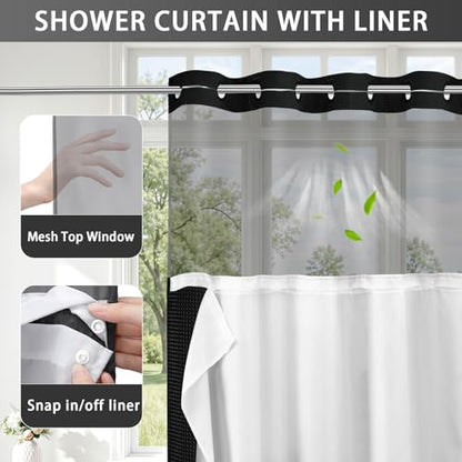 No Hook Shower Curtain with Liner Set Hotel Waffle Curtain Black 48W X 75L | Washable Snap in Fabric Liner, Mesh Top Window, Waffle Hotel Style Shower Curtain Set - color: Black, size: Small Stall 48"W x 75"L
