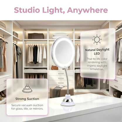 Mirror LED Lighted Mirror with Suction Cup Rotating Magnifying Makeup 10x Magnification and Adjustable Angle, 360° Free Rotation Design for Makeup in Dark or Poorly Lit Bathroom