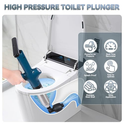 Toilet Plunger, High Pressure Drain Unclogger Plungers with Pressure Gauge, Toilet Auger Air Drain Blaster, Versatile Heavy Duty Clog Remover for Bathroom, Kitchen, Floor Drain - color: Blue