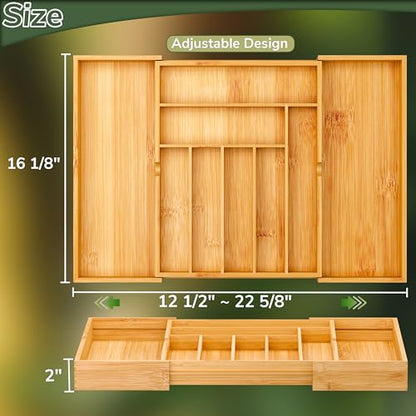 BAMEOS drawer organizer flatware organizer cutlery tray silverware organizer expandable adjustable bamboo drawer organizer kitchen bathroom - size: 2''H 22X16