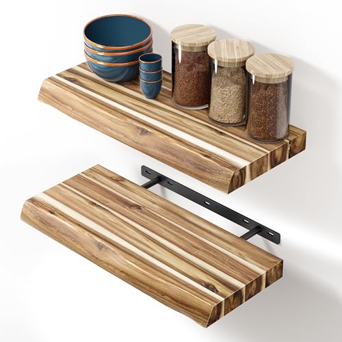 BATODA Acacia Live Edge Floating Shelves, Wall Mounted, 17", Set of 2 Pcs | Assembly Required, Hardware Included, Floating Style, Hidden Bracket, Fit Small Spaces, 100LBS Capacity Each, Rustic Style - color: Natural, size: 17 Inch Length