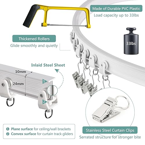Curtain Track Room Divider, Bendable Curved Ceiling & Wall Mount Flexible Track System with Clips, 8Ft Alloy Plastic Drop Sliding Curtain Track for Bay Window - color: White, size: 8Ft