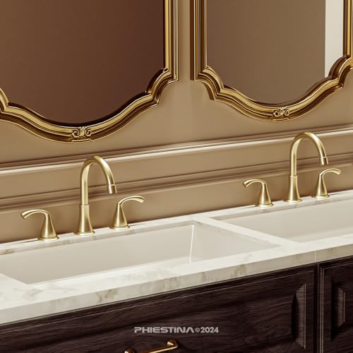 Phiestina 8 Inch 3 Hole 2 Handle Widespread Brushed Gold Bathroom Sink Faucet, Modern Bathroom Faucet with Metal Pop up Drain and Water Supply Lines, WFJC180-BG - color: Brushed Gold-8 IN, style: 1 pack