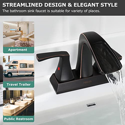 Waterfall Bathroom Sink Faucet 2 Handle Centerset, Oil Rubbed Bronze | 4 Inch Lead-Free Deck Mount Vanity Faucet with Pop Up Drain Supply Lines, for 3 Hole Lavatory Utility Sink - color: Oil Rubbed Bronze
