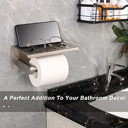 NearMoon Toilet Paper Holder with Shelf, Heavy Duty Bath Toilet Roll Holder with Phone Shelf Tissue Hanger for Bathroom/Kitchen No Drill or Wall Mounted(304 Stainless Steel, Brushed Nickel) - color: Brushed Nickel