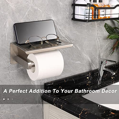 NearMoon Toilet Paper Holder with Shelf, Heavy Duty Bath Toilet Roll Holder with Phone Shelf Tissue Hanger for Bathroom/Kitchen No Drill or Wall Mounted(304 Stainless Steel, Brushed Nickel) - color: Brushed Nickel