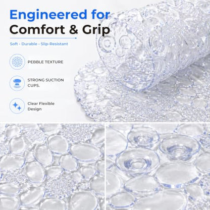 Bath Bliss Non-Slip Pebble Bathtub Mat 18x36 Oval Clear Color | Suction Cup Shower Mat with Drain Holes | Machine Washable Anti-Slip Tub Mat - color: Clear