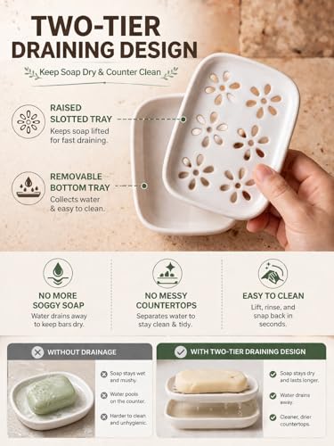 Miamolo Soap Dish for Shower with Drainage, Double Layer Bar Soap Holder, Ceramic Soap Saver Sponge Holder for Bathroom, Tub and Kitchen Sink, Slotted Draining Soap Dishes Extend Soap Life, Beige - color: Beige