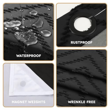FADOTY Black No Hook Shower Curtain Set with Snap in Liner, 71'' x 86'' | Bathroom Hotel Fabric Curtain, Waterproof Washable Liner, See Through Top Window, Ringless Chevron Tufted Cloth Curtain - color: Black, size: 71"W x 86"L (Pack of 1)
