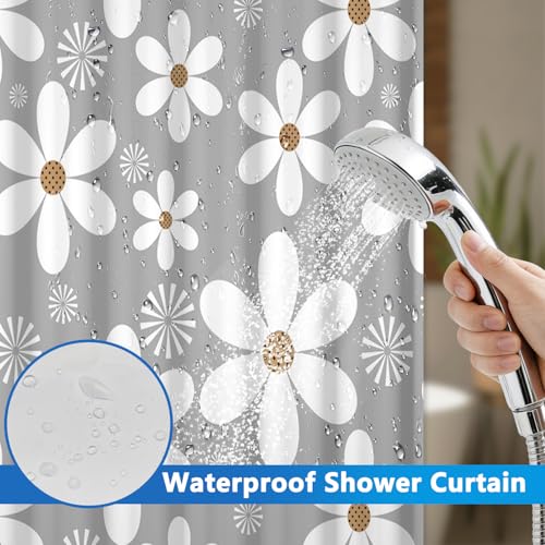 No Hook Shower Curtain and Liner Set, Grey and White Floral Shower Curtain with Snap in Liner and Mesh Top Window, Waterproof Shower Curtains with Weighted Hem for Bathroom and Hotel, 71x74 Inches - color: White Daisies