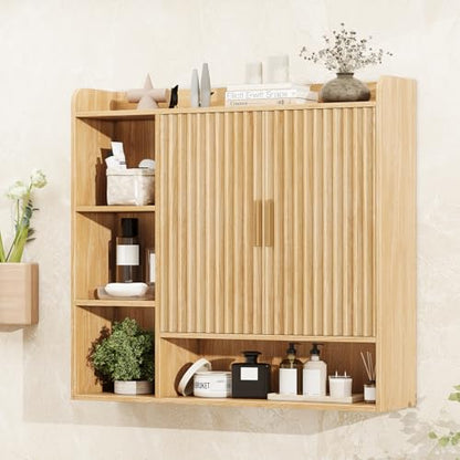 Vabches Fluted Bathroom Wall Cabinet, Wooden Medicine Cabinet Organizer with 2 Doors and Adjustable Shelf, Over The Toilet Storage Cabinet for Laundry Room and Living Room