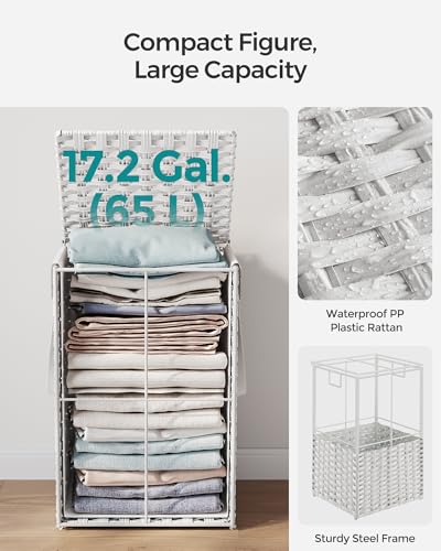 SONGMICS Laundry Hamper with Lid, 17.2 Gallon (65 L) Synthetic Rattan Clothes Laundry Basket with Lid and Handles, Foldable, Removable Liner, Cloud White ULCB165W01 - color: Cloud White, size: 65 L