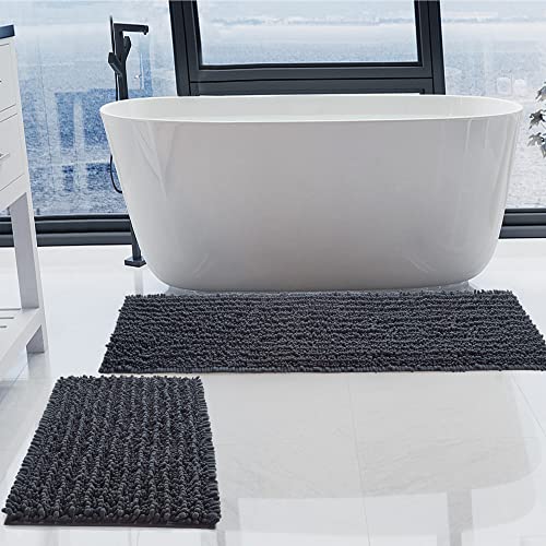 Luxury Chenille Charcoal Grey Bathroom Rugs Sets 2 Piece, Thickened Hot Melt Rubber Bottom Bath Mats for Bathroom Non Slip,Bath Rugs Quick Dry Machine Washable for Shower Mat (47"x17"+17"x24") - color: Charcoal Grey, size: 47" x 17" Plus 17" x 24"