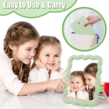 Desk Mirror, Wave-Shaped Adjustable Desk Vanity Makeup Mirror Office Cubicle with Eyebrows Tweezer, 6.7*5.3In Cute Travel Portable Folding Make Up Mirrors for Standing Hanging Home Decoration(Green)