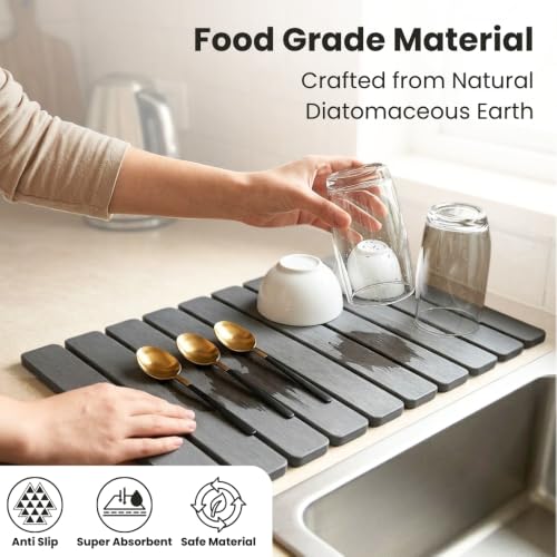 Stone Dish Drying Mat for Kitchen Counter, Large Quick Dry Diatomaceous Earth Stone Drying Mat, Foldable Water Absorbent Dish Drying Mat for Dishes, Cups, Bottles, Kitchen Sink & Countertop (Grey) - color: Gray