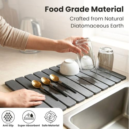 Stone Dish Drying Mat for Kitchen Counter, Large Quick Dry Diatomaceous Earth Stone Drying Mat, Foldable Water Absorbent Dish Drying Mat for Dishes, Cups, Bottles, Kitchen Sink & Countertop (Grey) - color: Gray