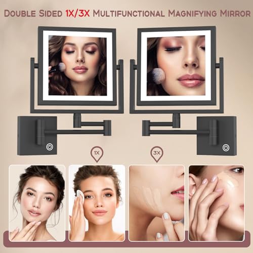 Direct Wire Makeup Magnifying Mirror Wall Mounted, 8 Inch Double Sided 1X/3X Magnification, Touch Dimmable, Brass 360 Swing Extension Arm, Square Frame, Brighter 7W LED Light, Matte Black - color: Matt Black