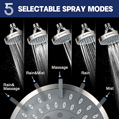 High Pressure Shower Head, HOPOPRO 5-Mode Fixed Showerhead, NBC Recommended | The Washington Post, NBC News, Today Recommended, Consumer Reports Tested High Flow Fixed Shower Head (4 Inch Brushed Nickel) - color: Brushed Nickel, style: 4 Inch Modern