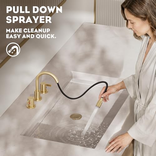Pull Down Sprayer Brushed Gold 8 Inch Bathroom Sink Faucet, 2 Handles 3 Hole Widespread Pull Out Bathroom Faucet，with Pop Up Drain and Water Supply Line,BF04022-K01-BG - color: Brushed Gold