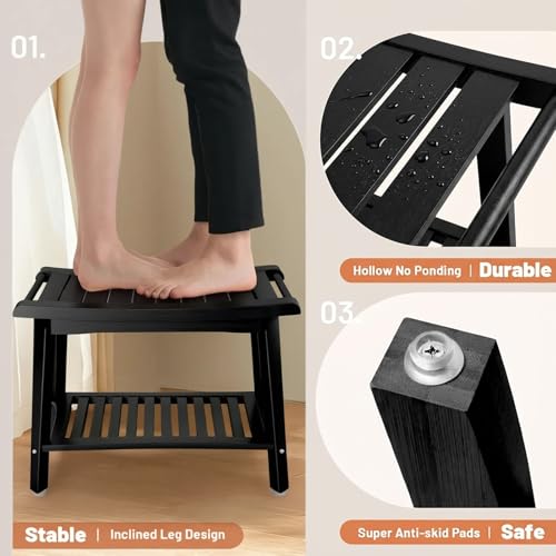 Bamboo Shower Bench for Inside Shower to Sit on, Heavy Duty Bathroom Chair Seat with Storage Shelf, 23.7" W x 12.9" Dx 18.4" H, Spa Bath Chair for Bathrooms, 300 lbs Capacity (Black) - color: Black