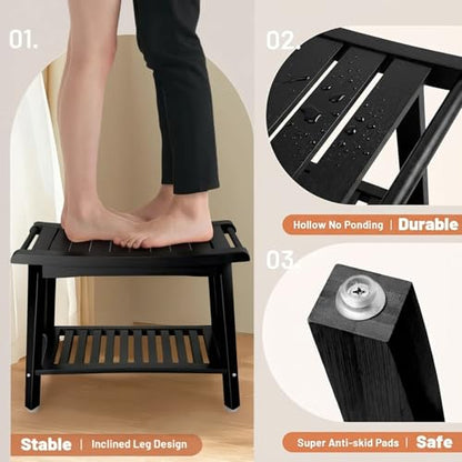Bamboo Shower Bench for Inside Shower to Sit on, Heavy Duty Bathroom Chair Seat with Storage Shelf, 23.7" W x 12.9" Dx 18.4" H, Spa Bath Chair for Bathrooms, 300 lbs Capacity (Black) - color: Black