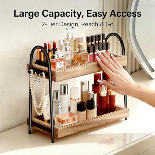 Bathroom Vanity Organizer Countertop 2-Tier Waterproof 20+ Bottles 8 Hooks | Tall space large perfume/skincare bottles, vanity/bathroom/dresser, paulownia wood, hooks keep jewelry neat, non-slip base - color: A-Large&Medium-Black & Light Brown