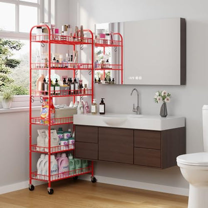 Slim Rolling Storage Cart, 6 Tier Metal Kitchen Rolling Utility Cart with Lockable Wheels for Kitchen, Bathroom, Laundry Room, Small Narrow Spaces (Red 10 Inches) - size: Red 10 Inches