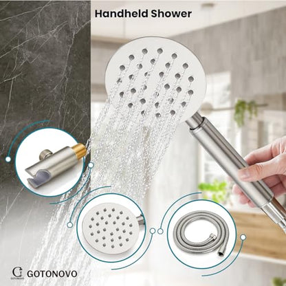 gotonovo High Pressure Shower System Valve and Trim Kit,Brushed Nickel | Round Rain 10 Inch Shower Head with Handheld Faucet Set Complete,Rough In Valve,2-in-1 Diverter,All Metal,Bathroom Wall Mount - color: Nickel