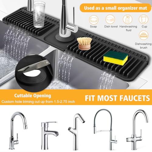24-Inch Kitchen Sink Splash Guard Mat | 7° Slope for Fast Self-Draining | Snap-Lock Design | Universal & Cuttable Silicone Faucet Mat (Black) - color: Black, size: 24" x 5.5"