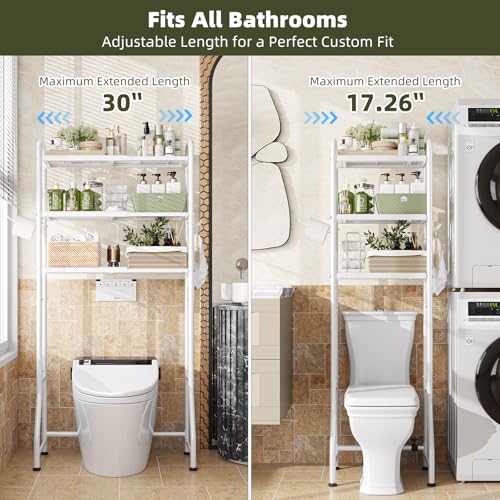 Simple Trending Expandable Over The Toilet Storage Rack, Metal 3 Tier Bathroom Organizer Shelf with Paper Holder and 3 Hooks, White - color: White