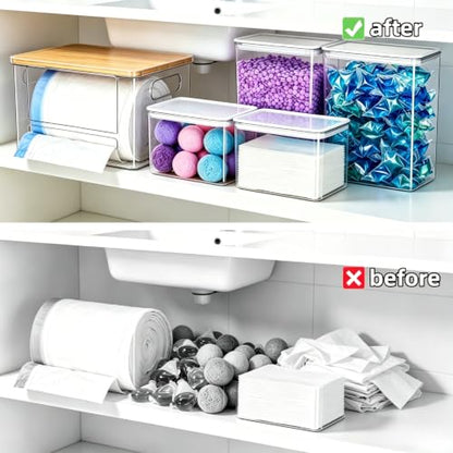5-in-1 Under Sink Organizer with Trash Bag Dispenser & Acrylic Containers, Clear Laundry Pod & Dishwasher Pod Storage, Bamboo Lid Kitchen Pantry Organization