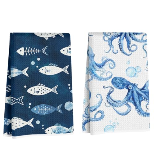 ZHAMEN Ocean Waffle Kitchen Towel Soft Absorbent Hand Tea Towels Set of 2 - color: Multi 1574