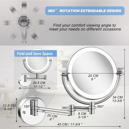 Magnifying Makeup Mirror Wall Mounted with Light, 1X/10X, Hardwired | Double Sided, Touch Switch 3 Color Lighting, Adjustable Brightness, Bathroom Extended Swing Arm Vanity Shaving, Brass Chrome - color: Chrome