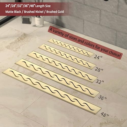 Linear Shower Drain, 28 inch Brushed Gold | Including Hair Catcher and Removable Grate, 304 Stainless Steel, Easy to Install and Clean (Drain Base Not Included) - color: Brushed Gold, size: 28 inch