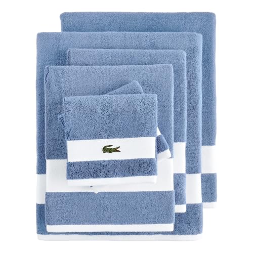 Lacoste Sport Stripe 6-Piece Luxury Cotton Towel Set – Made with 100% Soft Supima Cotton, Absorbent & Quick-Drying, Includes 2 Bath Towels, 2 Hand Towels, 2 Washcloths, Sky Blue - color: Sky Blue
