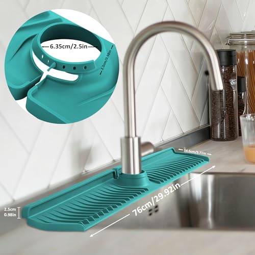 Extra Long Silicone Faucet Mat, 76cm Double-Sided Drain Pad for Kitchen Sink & Bathroom, Flexible Splash Guard with Center Hole, Non-Slip, Easy to Clean, Fits Most Faucets (Teal) - color: Teal