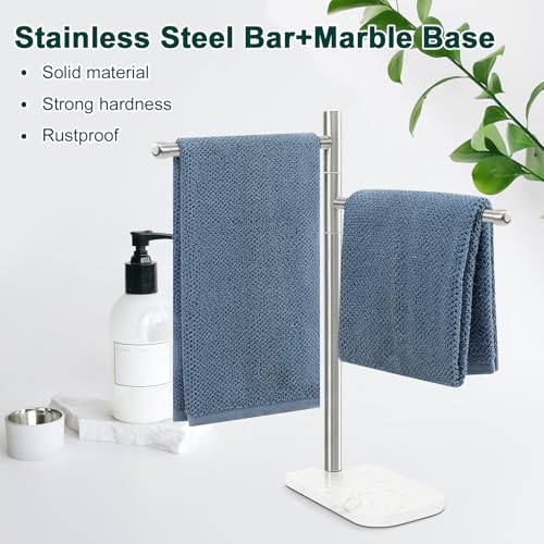 Hand Towel Holder, F-Shape Hand Towel Stand with Marble Base, Stainless Steel Swivel Hand Towel Rack Standing Towel Bar for Bathroom Kitchen Countertop, 2 Arms (Brushed Nickel) - color: Brushed Nickel