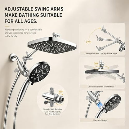 High Pressure Shower Head with Handheld, Upgrade Rain Shower Heads with Fixed Showerhead Combo, 10 Sprays Handheld Shower Head Built in Power Jets, 71" Long Hose, Chrome Silver - color: Chrome