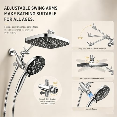 High Pressure Shower Head with Handheld, Upgrade Rain Shower Heads with Fixed Showerhead Combo, 10 Sprays Handheld Shower Head Built in Power Jets, 71" Long Hose, Chrome Silver - color: Chrome