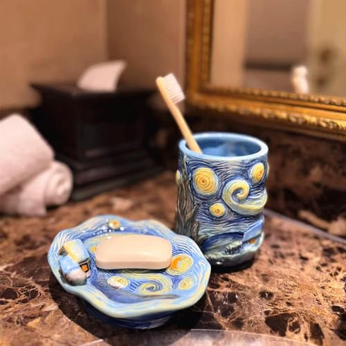 4 Piece Van Gogh Starry Night Ceramic Bathroom Accessory Set, Blue Art Decor with Soap Dispenser, Toothbrush Holder, Tumbler, Soap Dish
