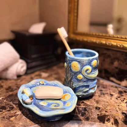 4 Piece Van Gogh Starry Night Ceramic Bathroom Accessory Set, Blue Art Decor with Soap Dispenser, Toothbrush Holder, Tumbler, Soap Dish