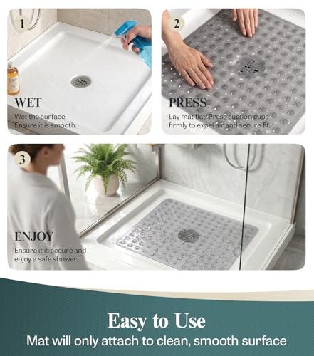 HITSLAM 21x21 Inch Square Shower Mat Non Slip, Anti Slip Bathtub Mat with Strong Suction Cups & Drainage Holes, Machine Washable Bathroom Floor Mat for Inside Shower Stall and Tub, Grey - color: Grey